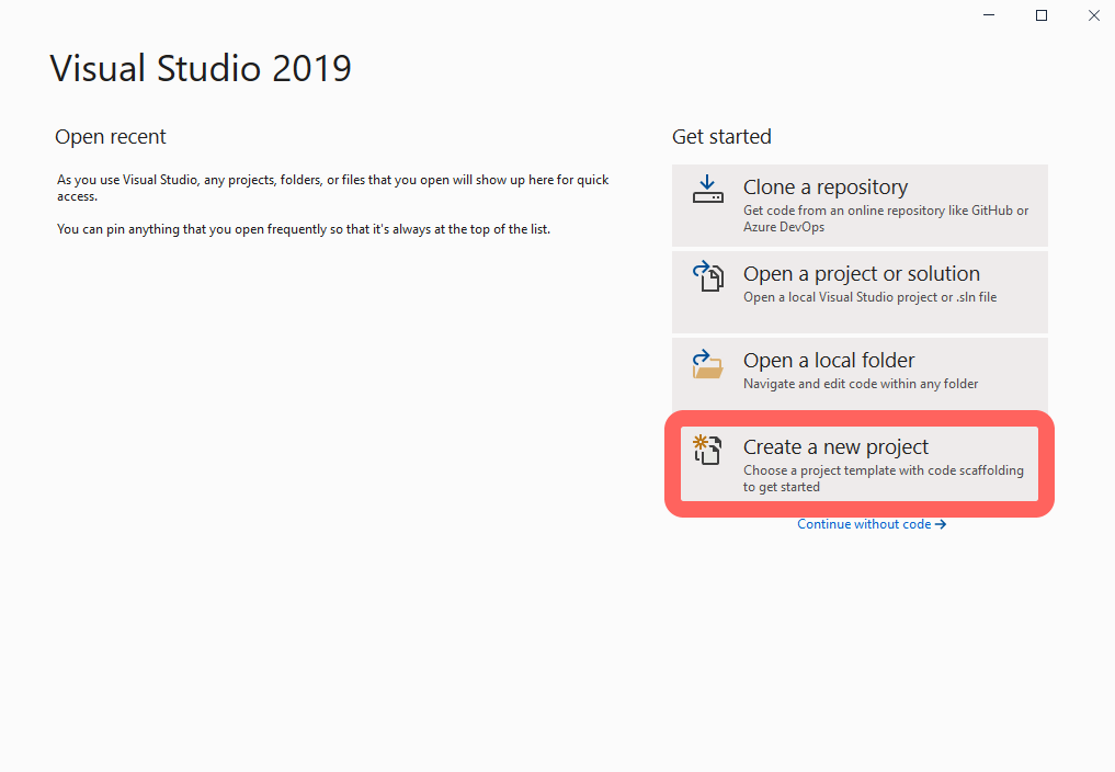 Visual Studio 2019 startup screen